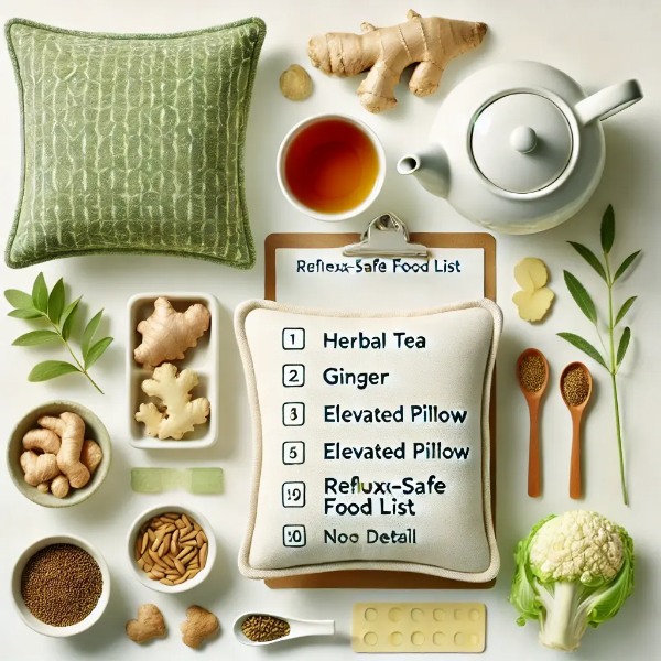 하얀 배경 위에 정리된 허브차, 생강, 경사 베개, 역류 완화 식단 리스트의 전문 스튜디오 촬영 사진