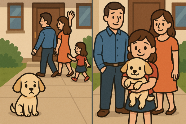 외식하러나가면서 개를 두고 가는 장면과 개들 데리고 가는 장면