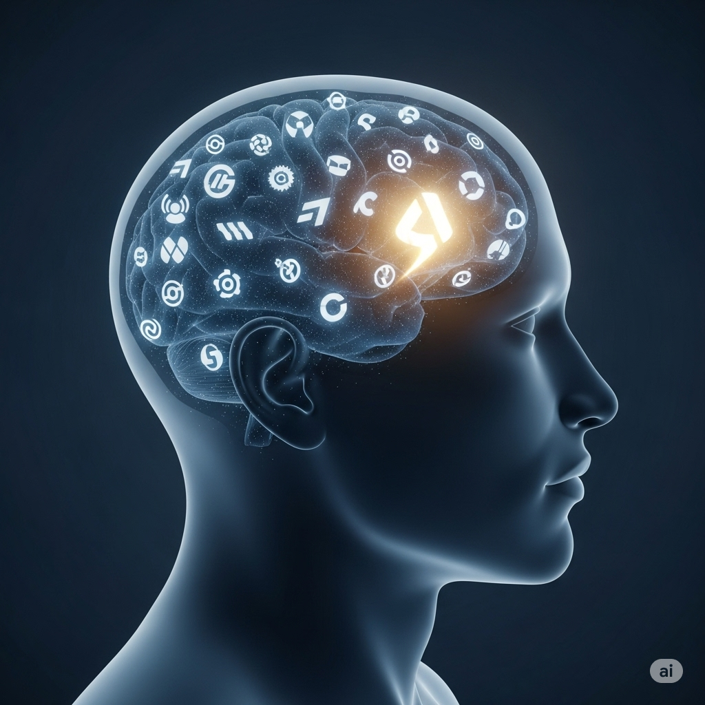 고객의 머릿속에 특정 브랜드 아이콘이 빛나며 두드러지게 자리 잡는 모습을 추상적으로 표현합니다.