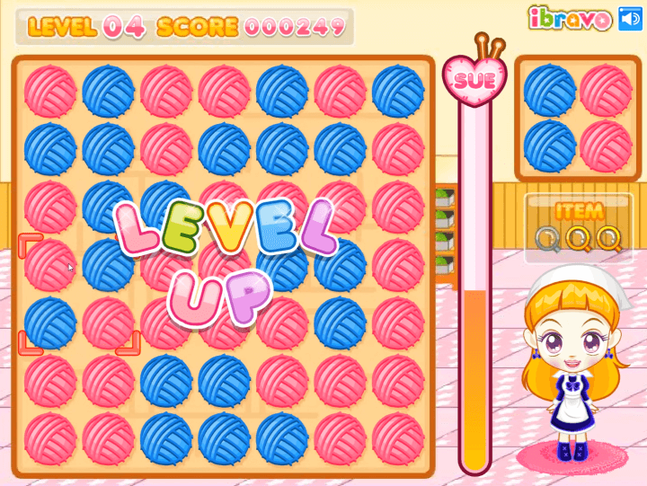 슈의-알록달록-털실찾기-퍼즐-플래시게임-플레이-정해진-점수를-달성하여-레벨이-오른-화면