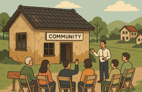 "마을 공동체 활용 빈집을 표현한 일러스트, 리모델링된 시골집 앞에서 주민들이 모여 회의하고 있는 모습"