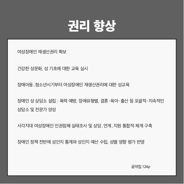 권리 향상
여성장애인 재생산권리 확보 (공약집 124p)
건강한 성문화, 성 기초에 대한 교육 실시 (공약집 124p)
장애아동·청소년시기부터 여성장애인 재생산권리에 대한 성교육 (공약집 124p)
장애인 성 상담소 설립: 폭력 예방, 장애유형별, 결혼·육아·출산 등 포괄적·지속적인 상담소 및 전문가 양성 (공약집 124p)
사각지대 여성장애인 인권침해 실태조사 및 상담·연계·지원 통합적 체계 구축 (공약집 124p)
장애인 정책 전반에 성인지 통계와 성인지 예산 수립, 성별 영향 평가 반영 (공약집 124p)