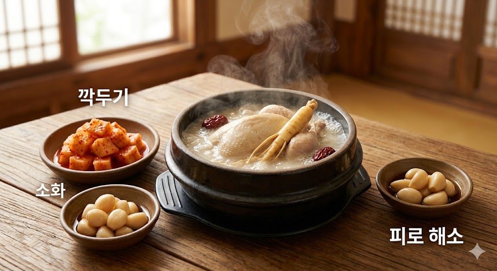 A single-person Samgyetang table setting styled on a traditional Hanok-themed wooden dining table. Steam billows from a well-cooked whole ginseng root resting atop the chicken in an earthenware pot. To the left sits red radish kimchi labeled 'Kkakdugi' alongside pickled garlic labeled 'Digestion'. To the right, another small dish of pickled garlic labeled 'Fatigue Recovery' is neatly positioned.