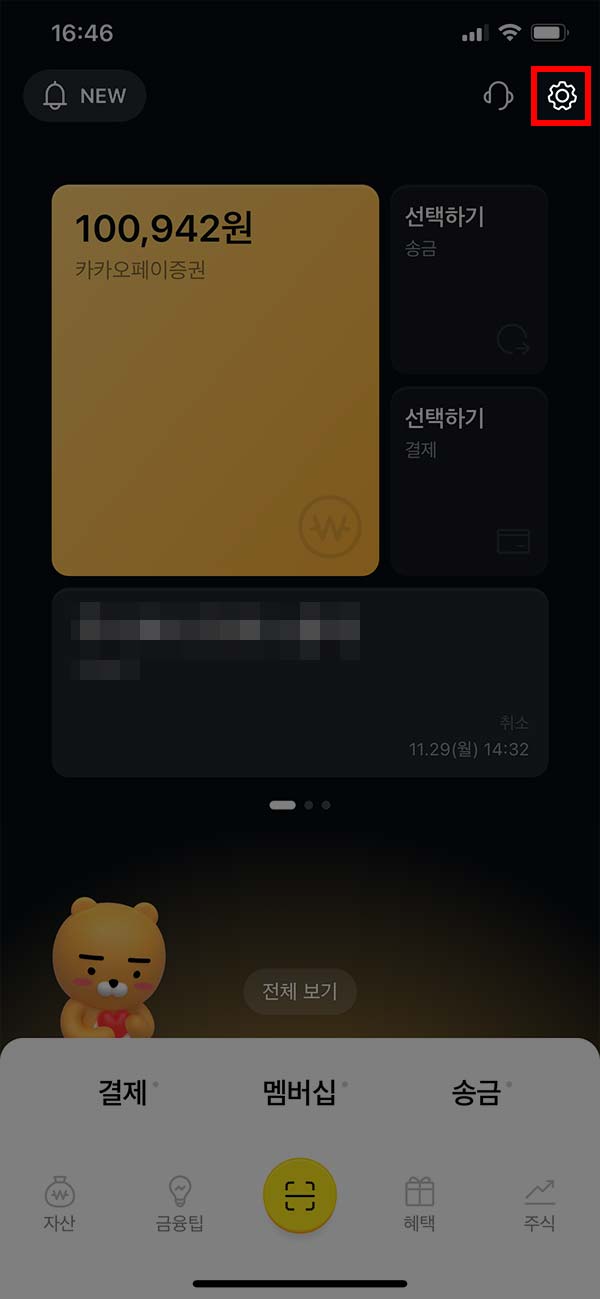 카카오페이 앱 설정 아이콘 선택