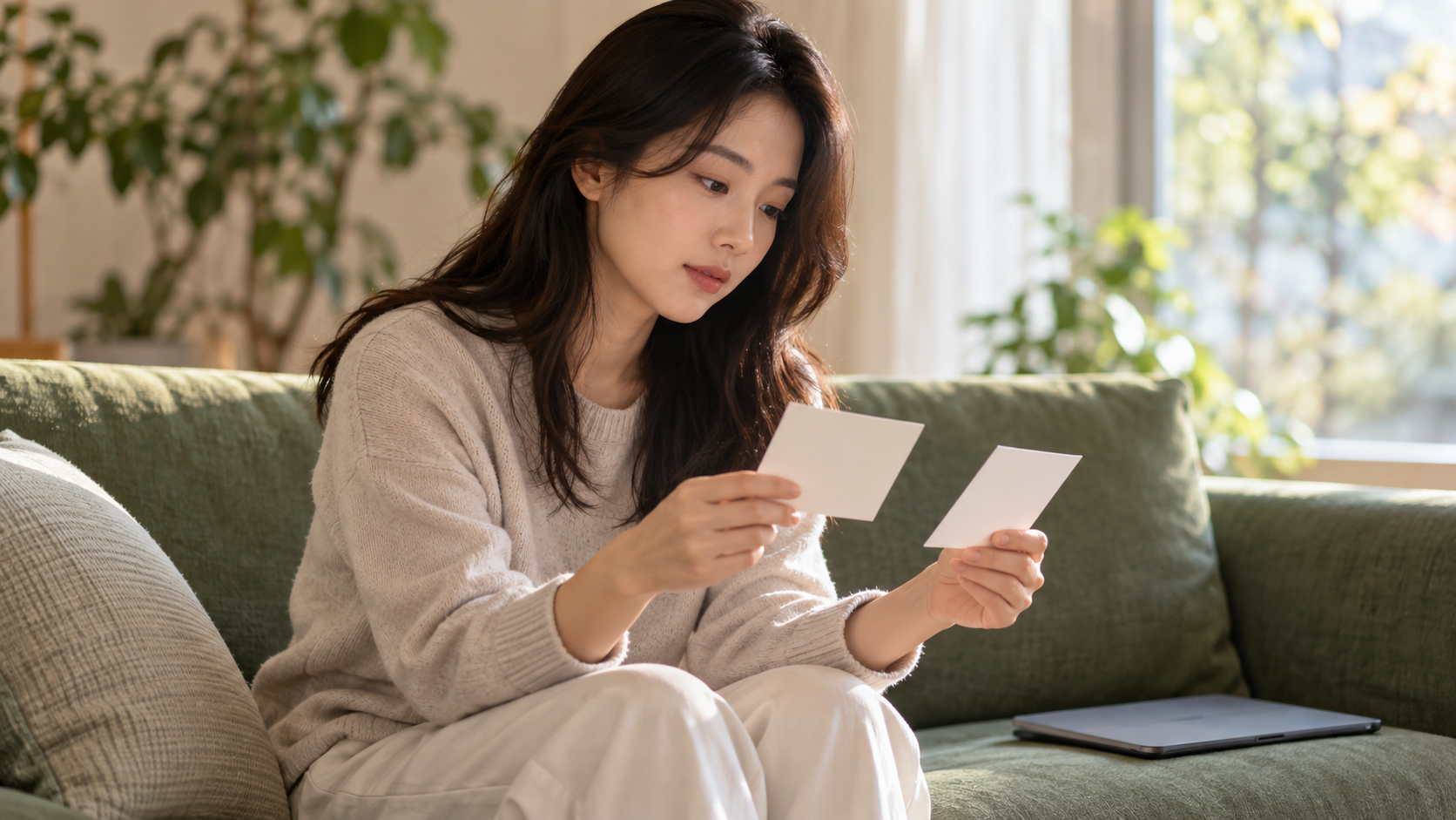 소파에서 태블릿을 내려놓고 두 장의 카드를 비교하며 자신의 판단을 정리하는 사람