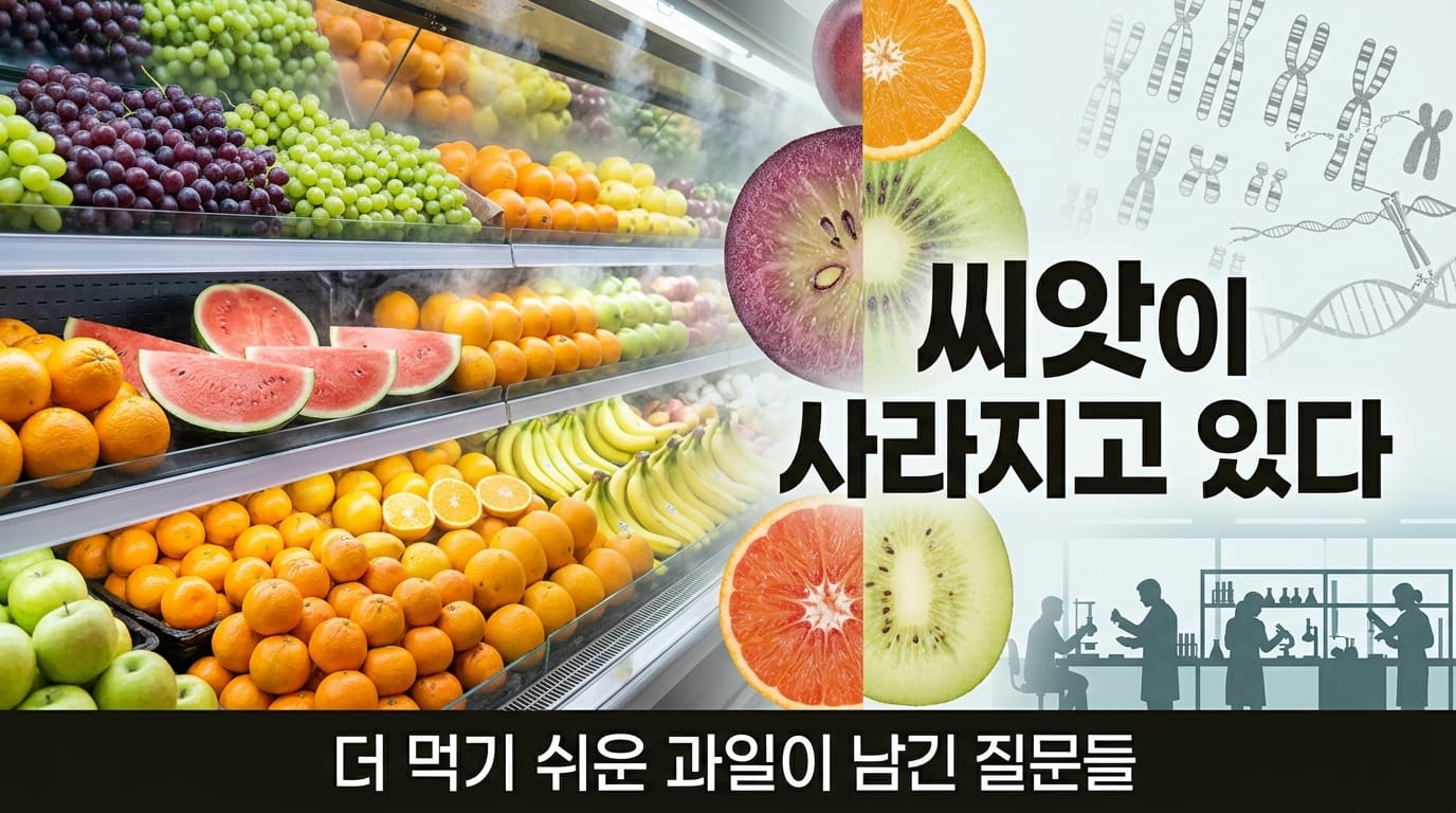 씨 없는 과일이 진열된 마트 매대와 과일 단면을 보여주는 이미지