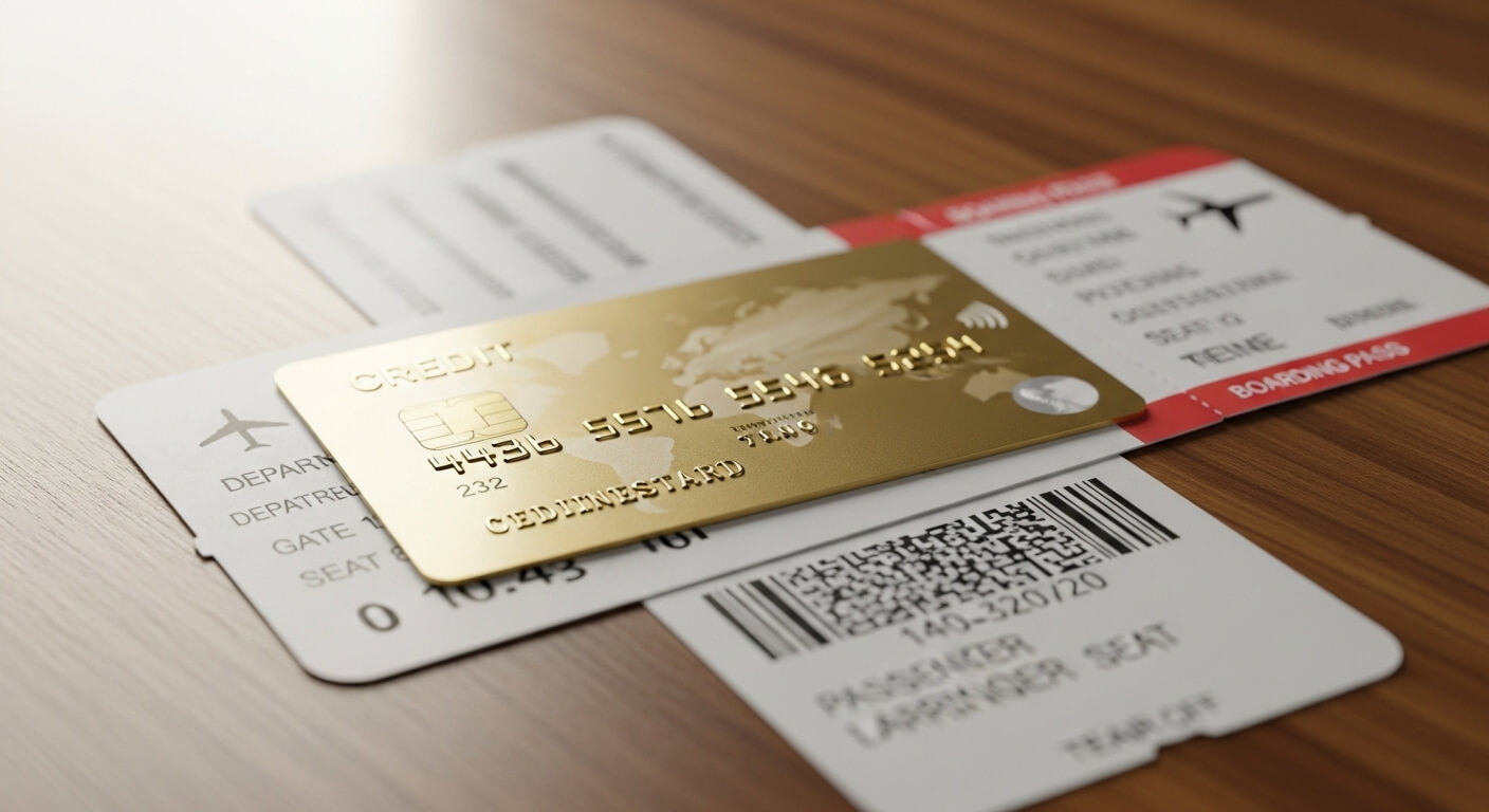 두 장의 항공권 위에 올려진 금색 신용카드