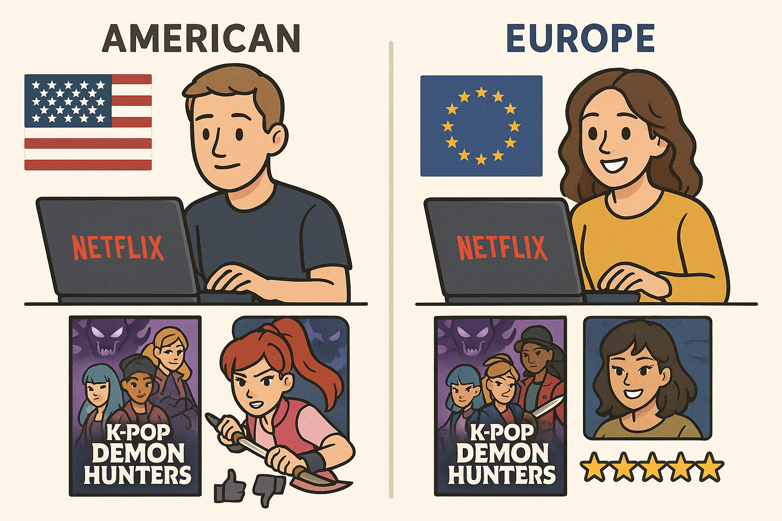 미국·유럽 반응 비교! 케이팝 데몬 헌터스 (넷플릭스, 평가, 인기) 관련 그림
