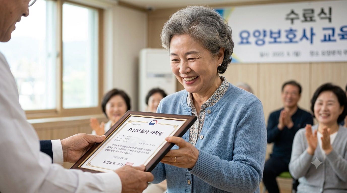 0대 여성이 미소를 지으며 요양보호사 자격증을 정중하게 수여받는 실사 사진. 배경에는 교육 수료식을 알리는 한국어 현수막이 걸려 있습니다.