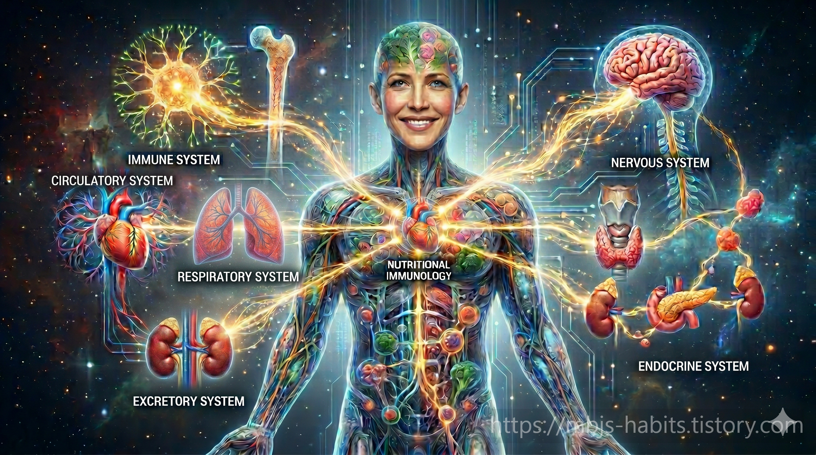 우주를 배경으로 미소 짓는 여성의 투명한 인체 형상 중심에 'NUTRITIONAL IMMUNOLOGY'라는 문구가 빛나고, 그 주위로 면역계(IMMUNE SYSTEM), 순환계(CIRCULATORY SYSTEM), 호흡계(RESPIRATORY SYSTEM), 배설계(EXCRETORY SYSTEM), 신경계(NERVOUS SYSTEM), 내분비계(ENDOCRINE SYSTEM)가 각각의 장기 이미지와 함께 황금빛 신경망으로 연결되어 있는 인체 시스템 종합 이미지