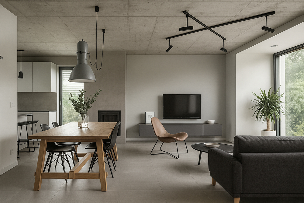 안도 타다오 철학이 적용된 듯한 미니멀한 거실과 주방이 자연스럽게 연결된 아파트 인테리어