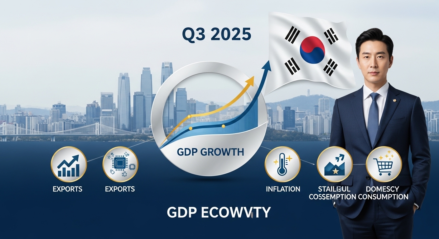 2025년 3분기 한국 경제 성장률, 물가, 수출 등 주요 지표를 시각화한 동적인 인포그래픽.