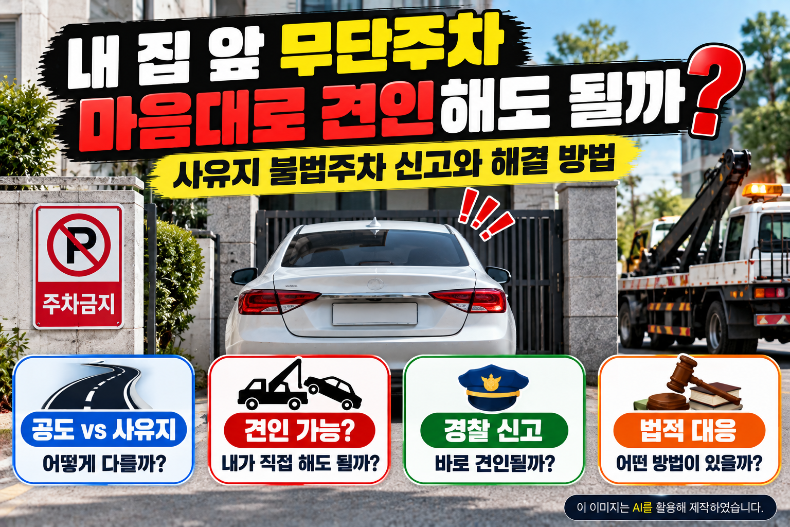 내 집 앞 사유지 무단주차 차량의 견인 가능 여부와 경찰 신고 방법, 공도와 사유지의 법적 차이를 설명하는 이미지