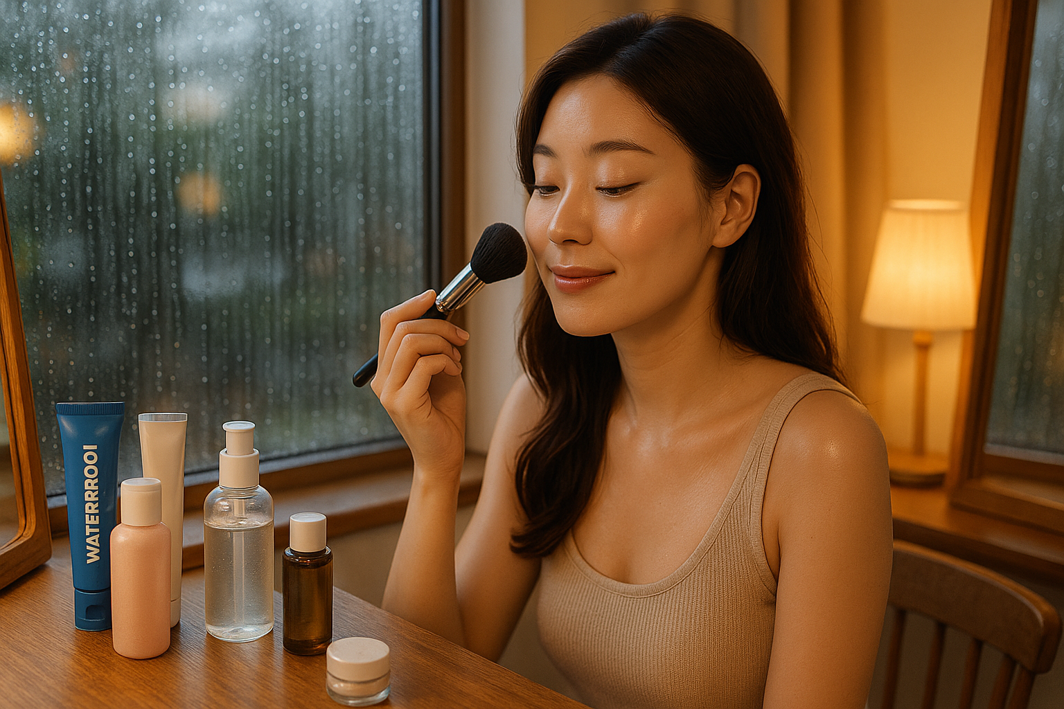 비 내리는 창가에서 거울을 보며 메이크업하는 여성