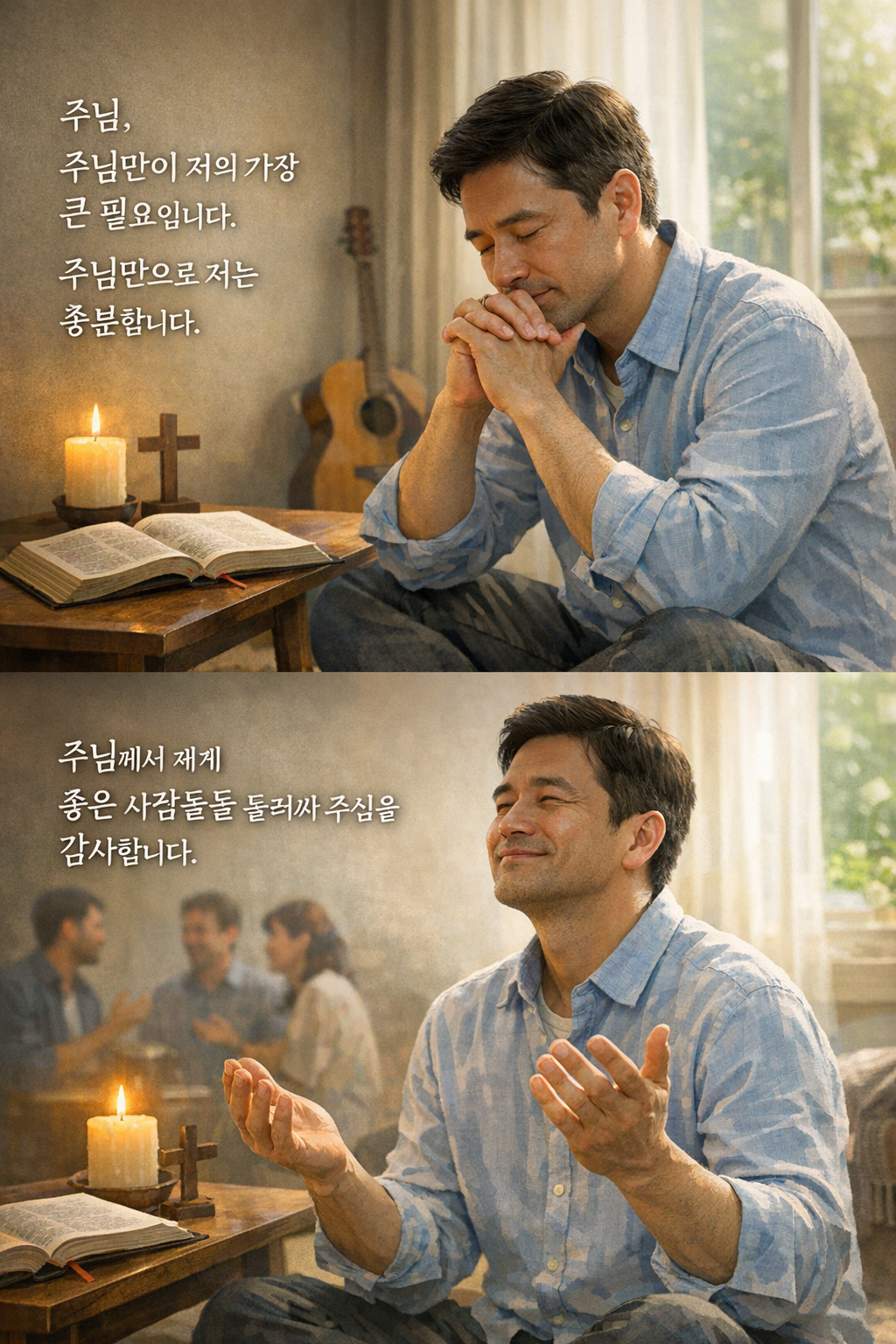 시142:5,7 말씀을 보며, 주님께서 제가 원하는 모든 것임을 인정할 때, 주님께서는 제게 좋은 사람들을 주위에 둘러싸게 해 주심을 알게 하심에 감사가 되었습니다. 진정으로 주님께서 나의 삶의 모든 것이며, 나는 주님만으로 만족한 삶인 것인지 한번 더 생각하게 되었고, 주님 만으로 만족한 삶을 살아가야 할 것을 한번 더 생각하는 시간이 되기를 기도합니다. 오늘 중에 주님 만이 나의 가장 큰 필요이고 그것으로 충분하며 만족한다는 고백을 하는 시간을 가지는 모습입니다.