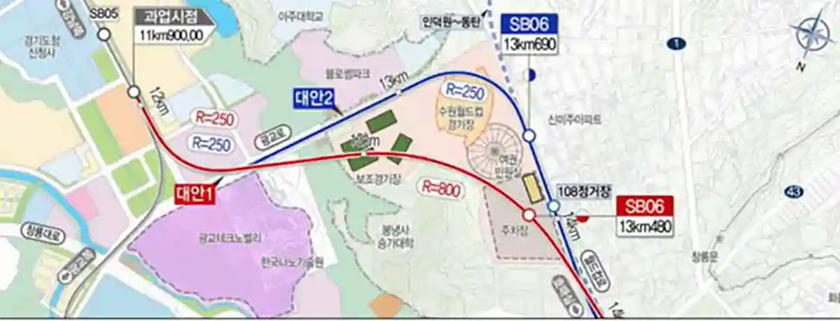 수원월드컵경기장-대안노선-대안1빨간색-대안2파란색