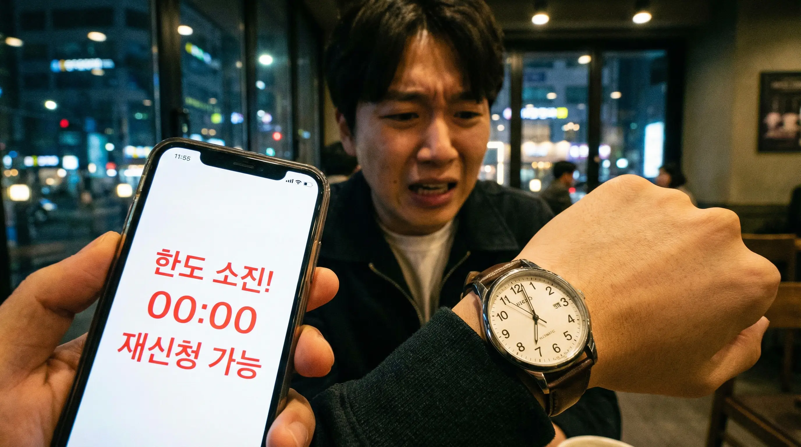 스마트폰 화면에 뜬 한도 소진 메시지를 보고 당황하다가 시계를 보며 재신청 시간을 확인하는 모습