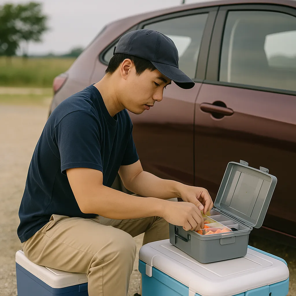 차량 옆 쿨러 위에서 채비를 정리하는 남성