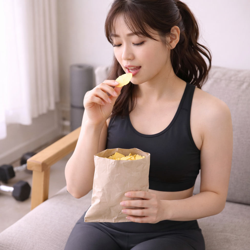 운동 후 보상 섭취로 칼로리 적자가 상쇄되는 상황을 표현한 이미지