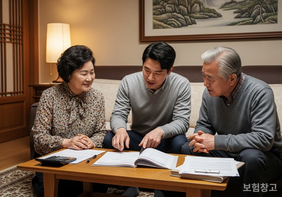 부모님과 함께 보험 증권과 연말정산 서류를 검토하는 한국 가족