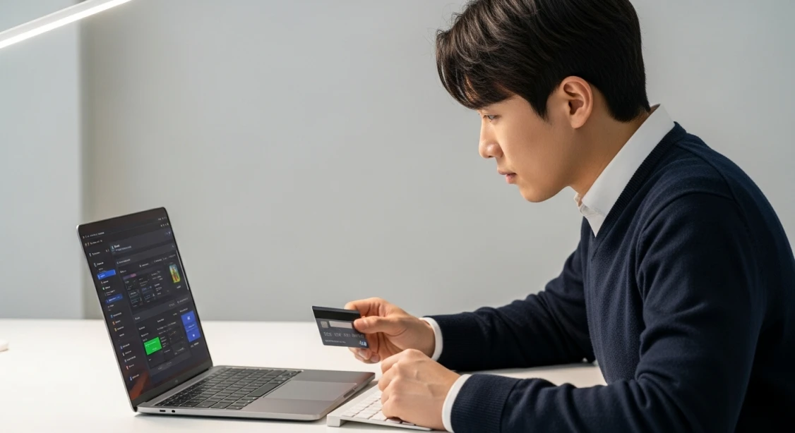 암호화폐 지갑을 설정하고 스테이블코인을 구매하는 초보자의 모습을 묘사하는 사실적인 사진. 디파이 시작의 필수 단계를 보여줍니다.