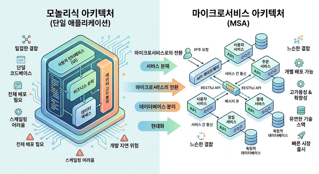 단일 코드베이스의 경직된 구조에서 벗어나 독립적인 생명주기를 가진 분산 서비스 망으로 진화하는 과정.