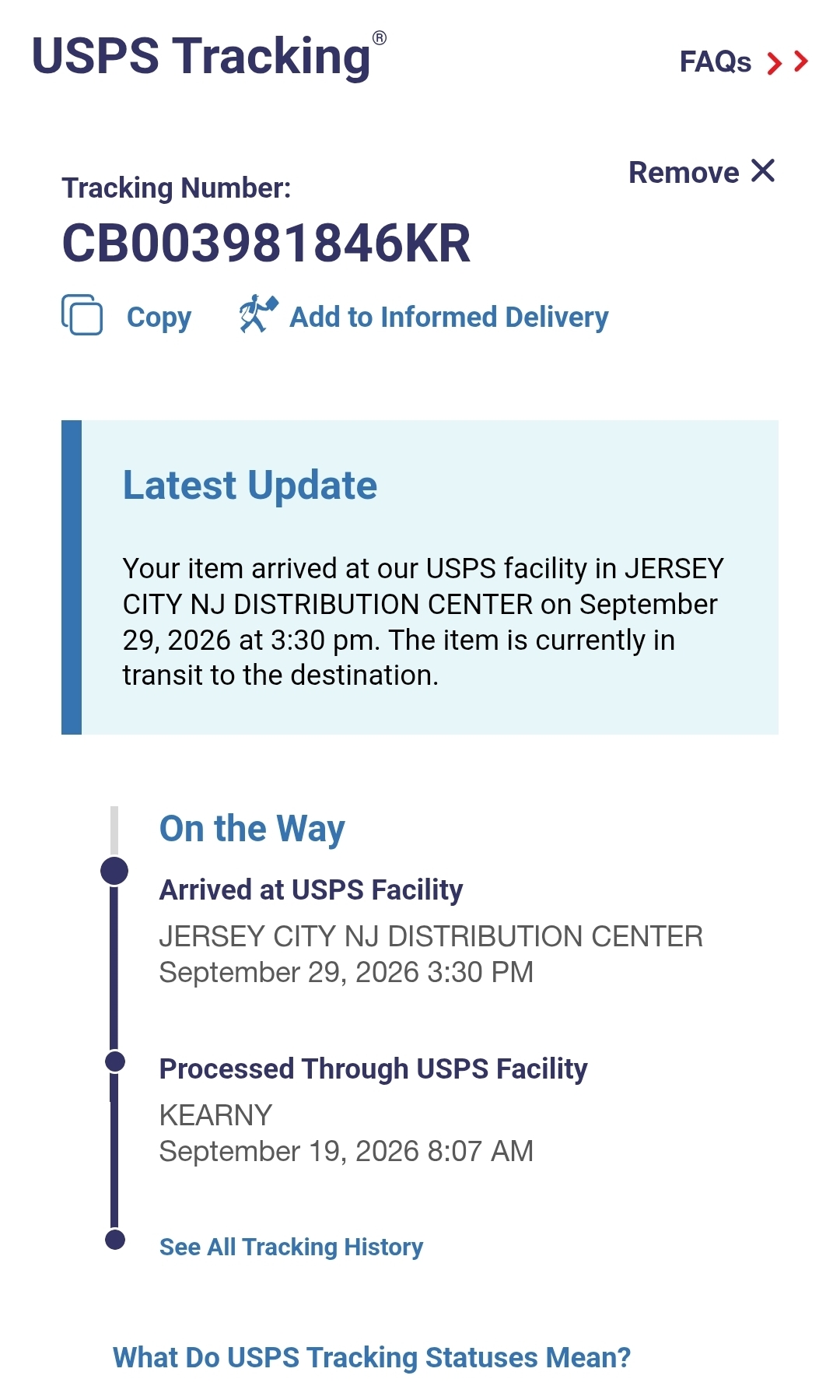 USPS tracking update 이미지
