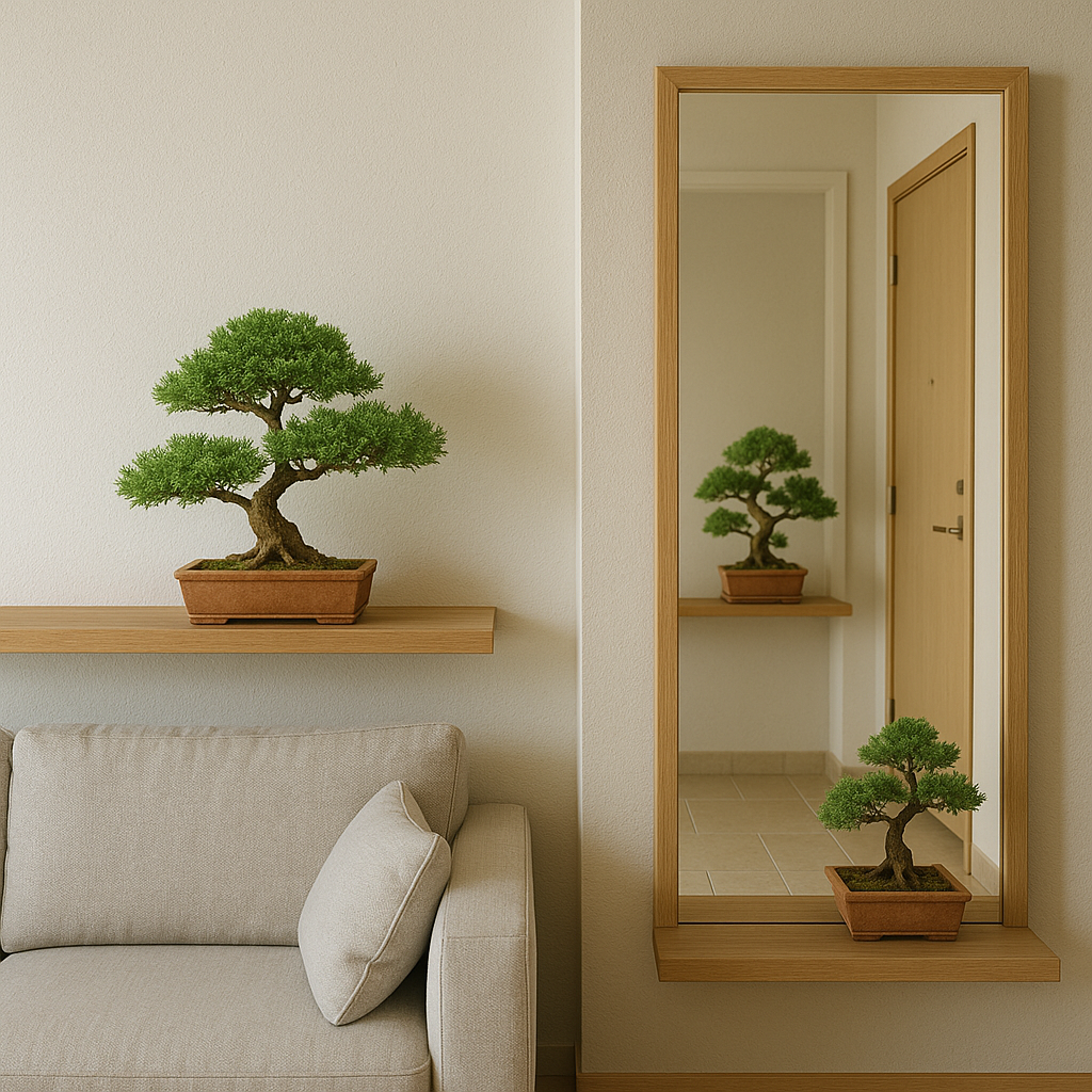 현관과 거실 선반에 놓인 미니멀한 분재 인테리어
