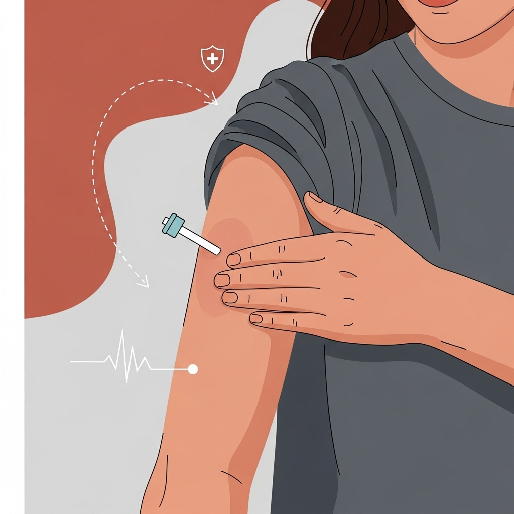 2025년 독감 예방접종 후 나타날 수 있는 이상 반응에 대한 안심 가이드를 상징하는, 따뜻한 색감의 차분한 이미지.