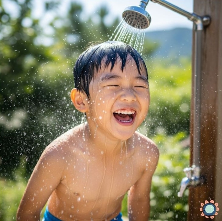 Happy young boy laughing joyfully while taking outdoor shower, water splashing from overhead showerhead with green nature background via canva