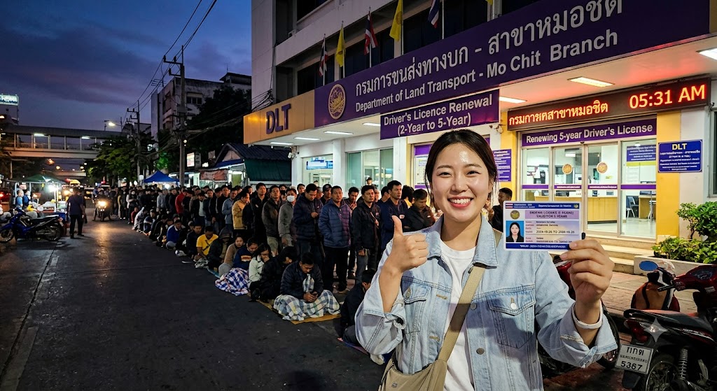 새벽 시간대 모칫 교통국 건물 앞에 사람들이 길게 줄을 서 있고, 갱신된 태국 운전면허증을 들고 미소 짓는 여성의 모습이 담긴 썸네일