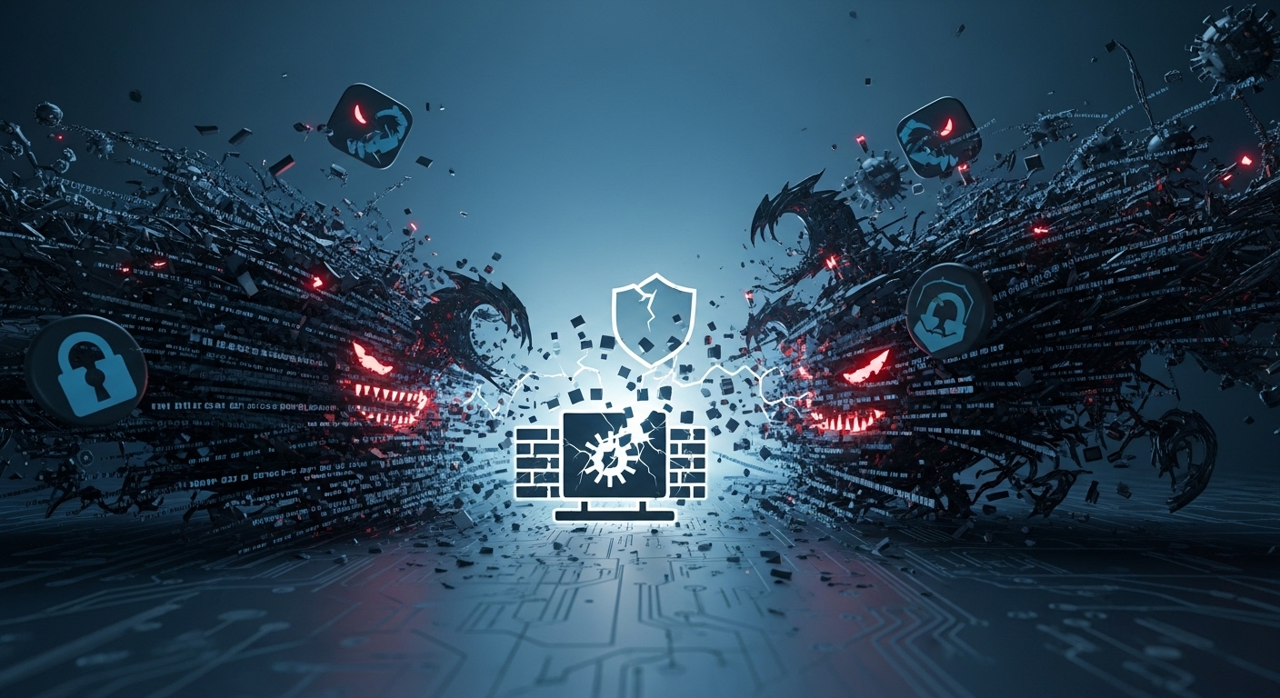 낡은 방화벽과 백신 아이콘이 복잡하고 진화하는 사이버 위협에 압도당하는 모습. 전통적인 보안 방식의 한계를 시각적으로 표현.