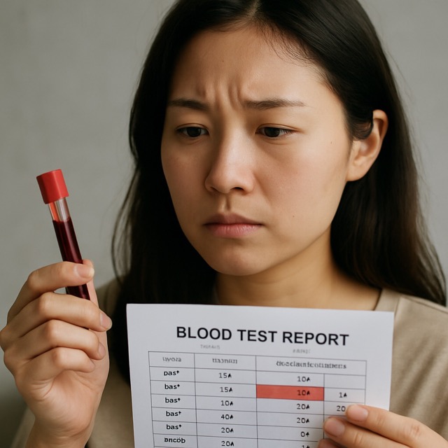 건강 검진 결과를 바라보며 생각에 잠긴 중년 여성(출처: 자체제작)