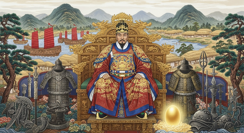 가야의 시조 수로왕이 철기 문명과 김해의 풍경 속에서 위엄 있게 앉아 있는 모습