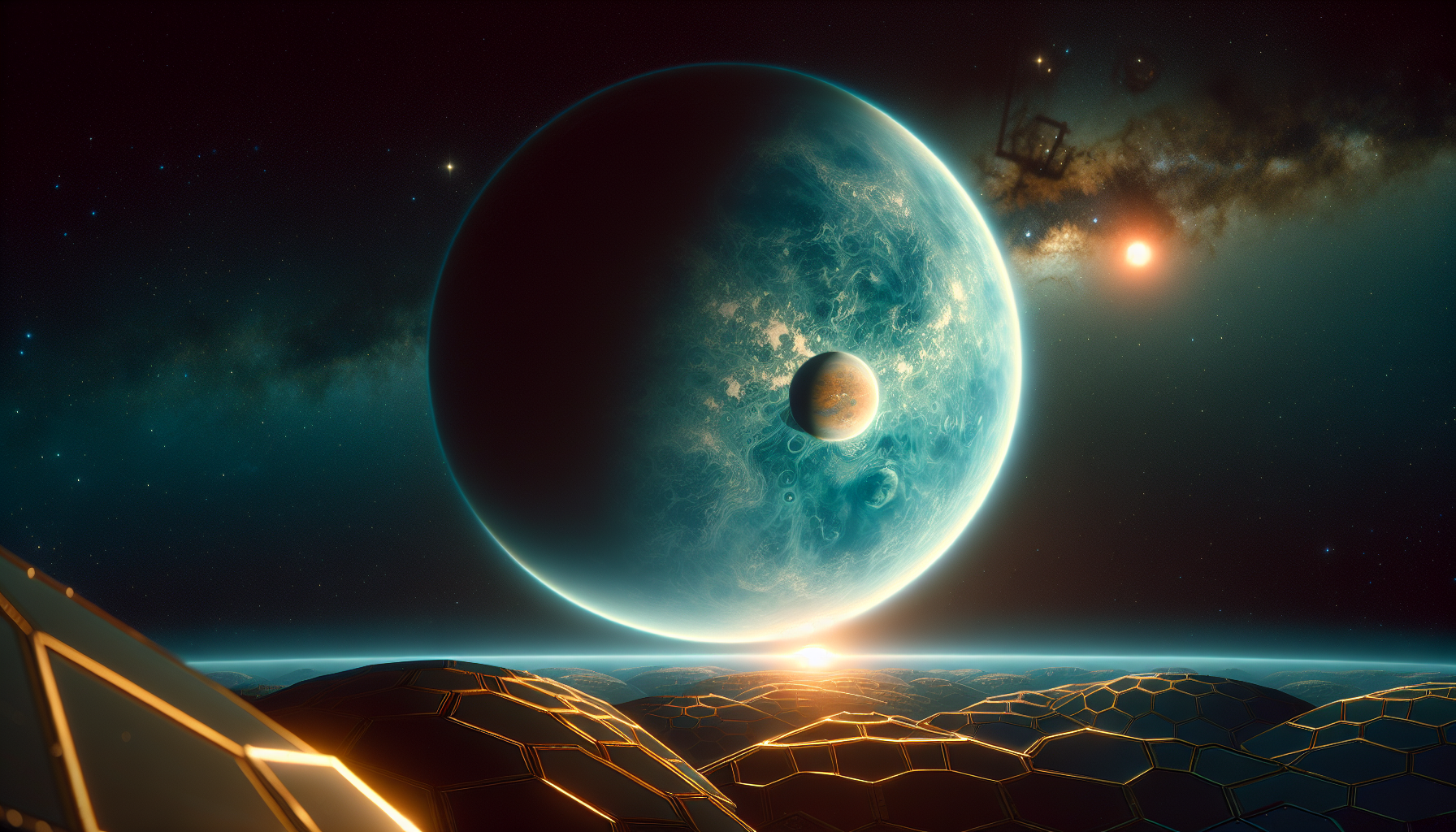 A realistic and cinematic illustration of the exoplanet K2-18b in space. The planet is a 'Hycean' world, appearing as a large, deep blue ocean planet with a thick, hazy hydrogen atmosphere glowing faintly at the edges. In the distance, a reddish dwarf star illuminates the planet. In the foreground, parts of the golden hexagonal mirrors of the James Webb Space Telescope are visible, framing the planet. The overall tone is mysterious, scientific, and awe-inspiring, with a teal and deep space blue color palette.