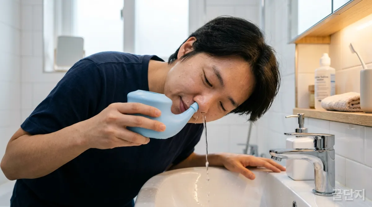 생리식염수로 코 세척을 하는 한국인의 모습