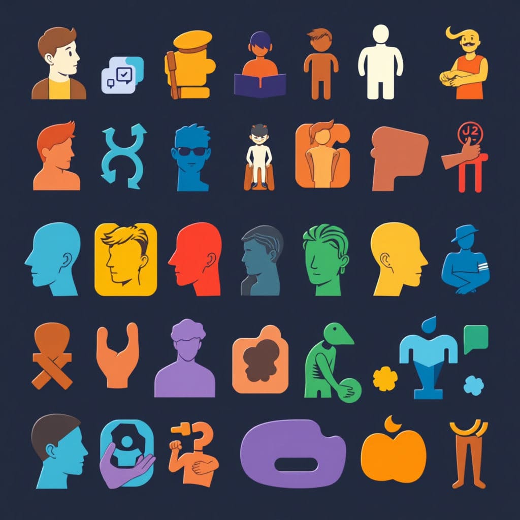 여러 개의 아이콘 또는 추상적인 도형이 각기 다른 색상이나 형태로 표현되어 있으며, 각 아이콘은 '논리적인 사색가', '정의로운 사회운동가' 등 특정 남성 성격 유형의 특징을 상징적으로 나타냅니다. 아이콘들은 부드럽게 연결되거나 조화롭게 배치되어 남성 성격의 다양성과 스펙트럼을 보여줍니다.