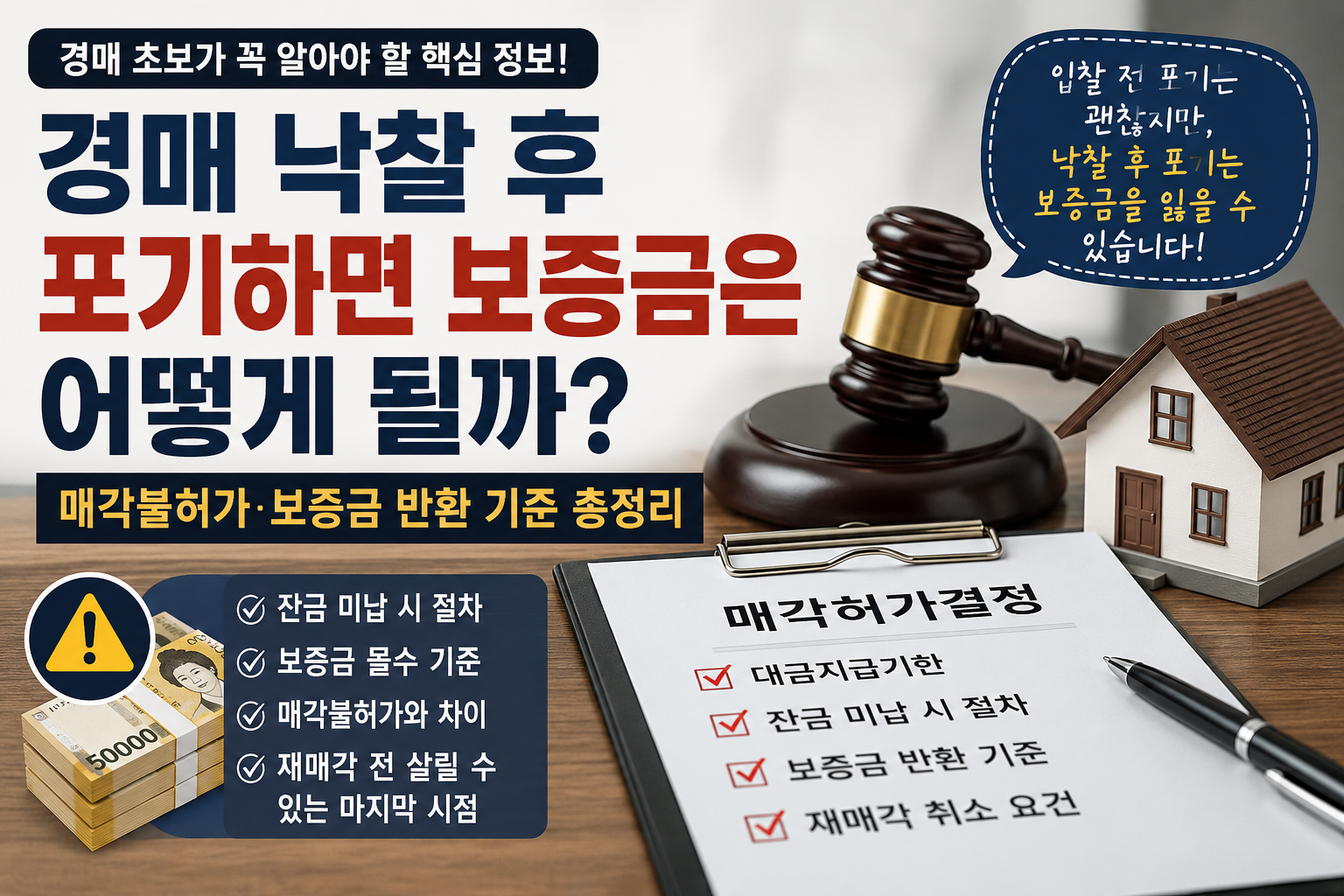 경매 낙찰 후 포기하면 보증금은 어떻게 되는지 매각불허가와 보증금 반환 기준을 설명하는 이미지