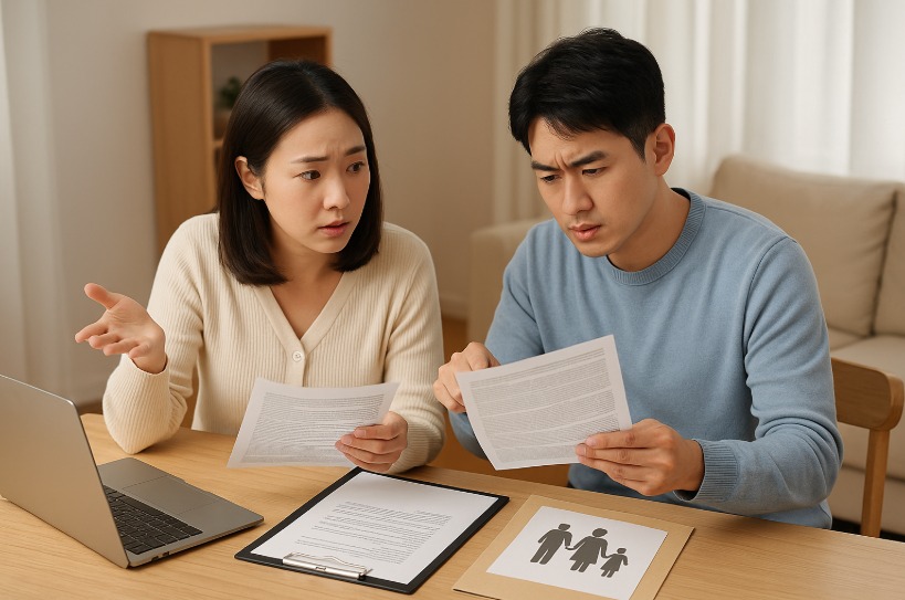 맞벌이 부부가 자녀 공제 여부를 상담하며 서류를 비교하는 장면