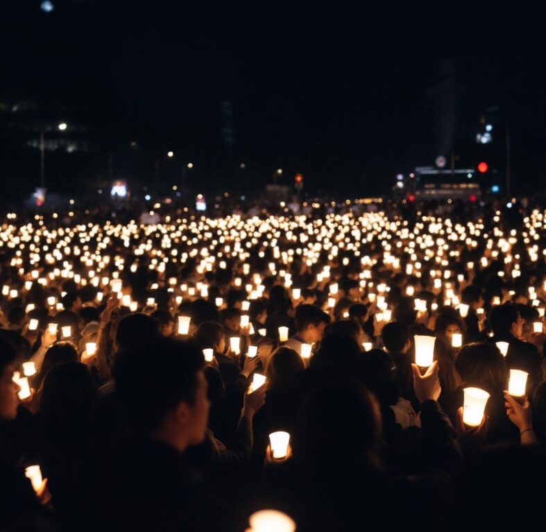촛불을 든 수많은 사람들이 저녁 하늘 아래 평화롭게 모여 있는 모습. 빛나는 촛불들이 어두운 공간을 환하게 비추며 집회의 따뜻한 분위기를 연출하고 있습니
