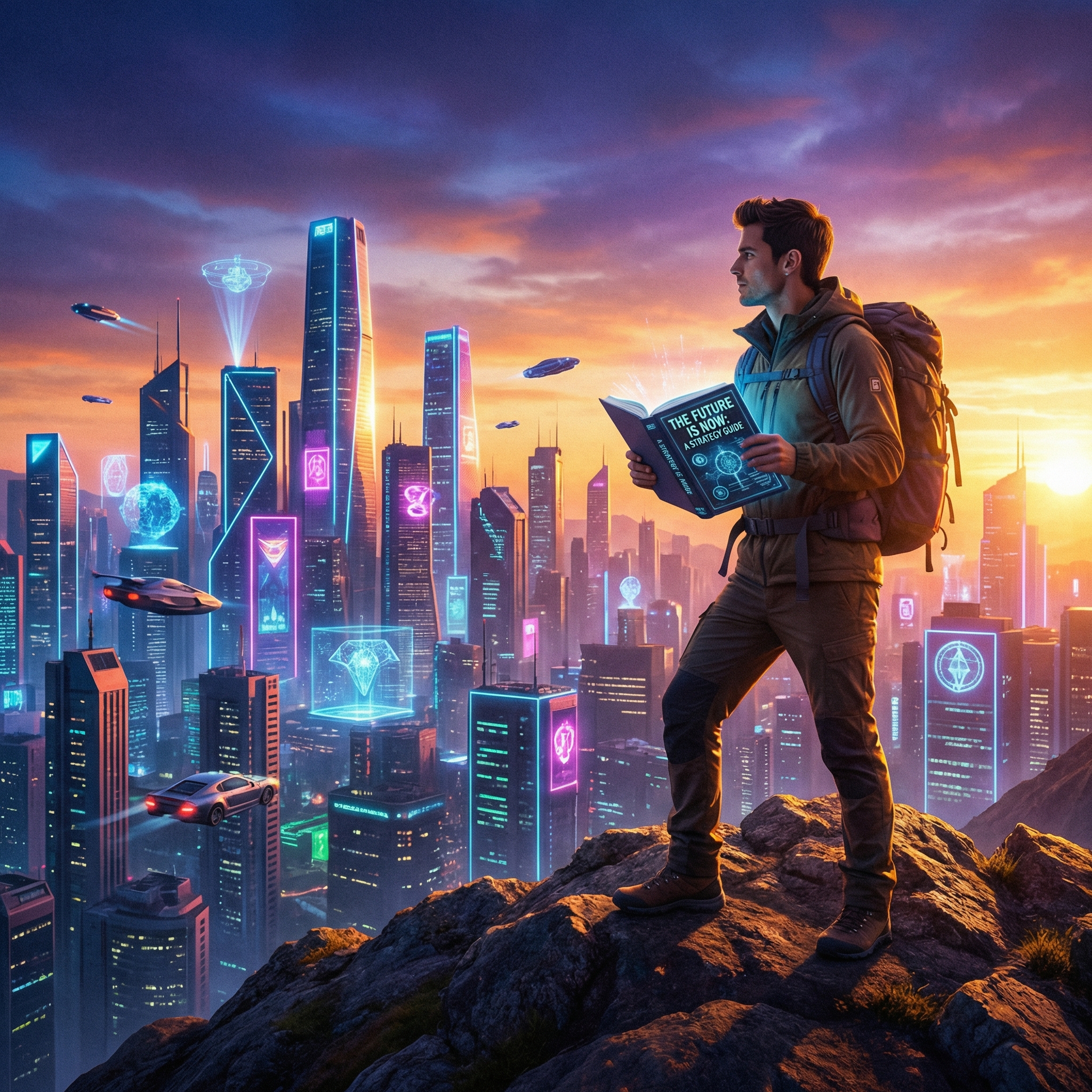 새벽녘 산 정상에 올라 광활한 디지털 도시 풍경을 자신감 있게 내려다보는 인물. 손에는 인생 공략집을 들고 있으며, 자유롭고 성취감 넘치는 분위기를 자아내는 시네마틱한 8k 해상도 라이프스타일 사진.