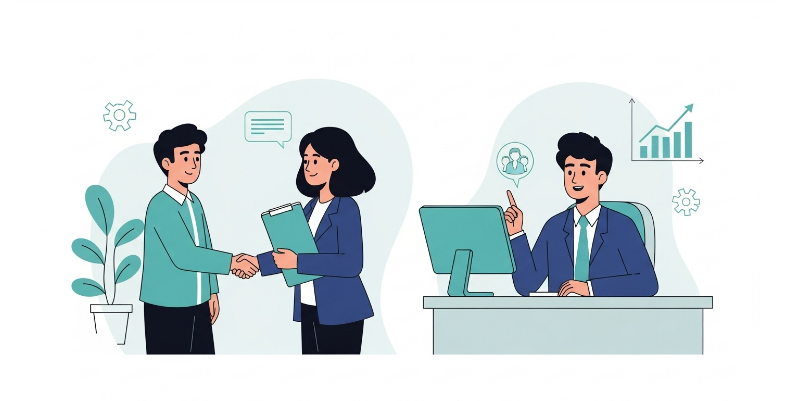 새로운 직장에서 성공적으로 일하는 활기찬 사람의 모습, 조기재취업수당의 긍정적인 효과를 상징합니다.