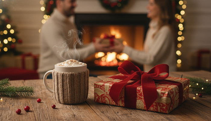 빨간 리본으로 장식된 크리스마스 선물과 따뜻한 코코아, 벽난로 앞에서 선물을 교환하는 연인의 행복한 모습