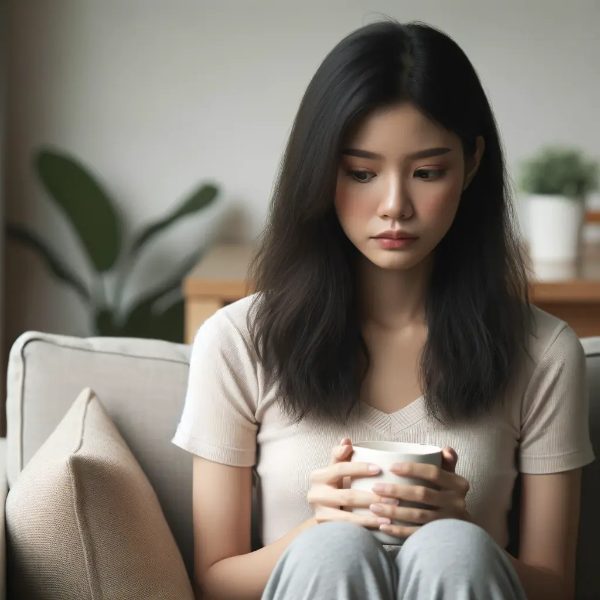 불안한 감정을 조용히 안고 있는 동양인 여성이 소파에 앉아 있는 모습