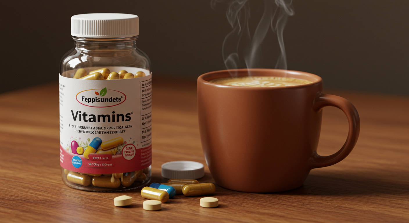 따뜻한 커피잔 옆에 놓인 비타민 병 피로회복 영양제