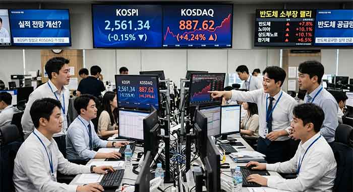 코스닥 상승과 반도체 주가를 분석하는 증권사 트레이딩룸 현장.