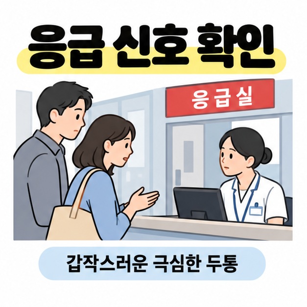 갑작스러운 극심한 두통을 응급 신호로 안내하며 환자가 동행자와 응급실에서 증상을 알리는 모습