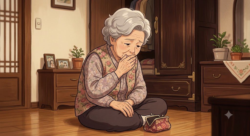 우울증이 있는 80대 어르신이 장농에 넣어둔 돈 가방을 잃어 버려서 속상해하는 모습
