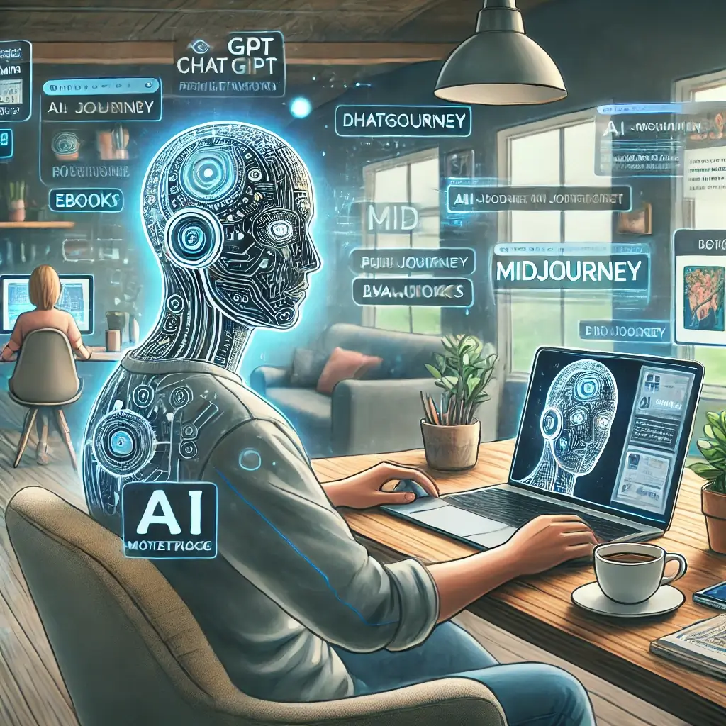 AI를 활용한 부업과 수익 창출을 표현한 이미지입니다! 💻💡🏡 AI 도구로 작업하고, 디지털 마켓에서 콘텐츠를 판매하는 모습을 담았어요