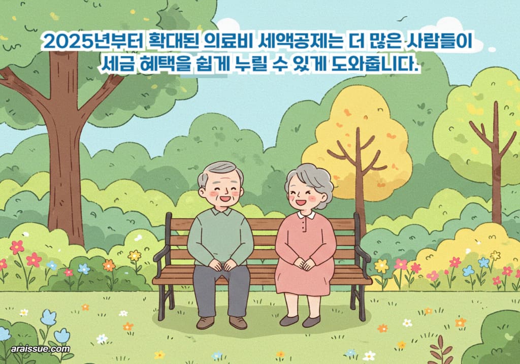 고령 한국인들이 공원 벤치에서 미소 짓고 이야기하는 장면으로, 2025년부터 확대된 의료비 세액공제 혜택을 전달하는 이미지입니다.